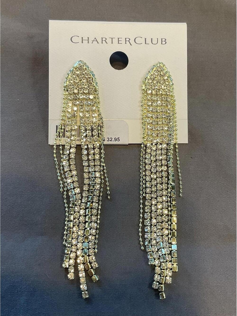 NWT Charter Club Gold Tone And Rhinestone Dangle Earrings #1418